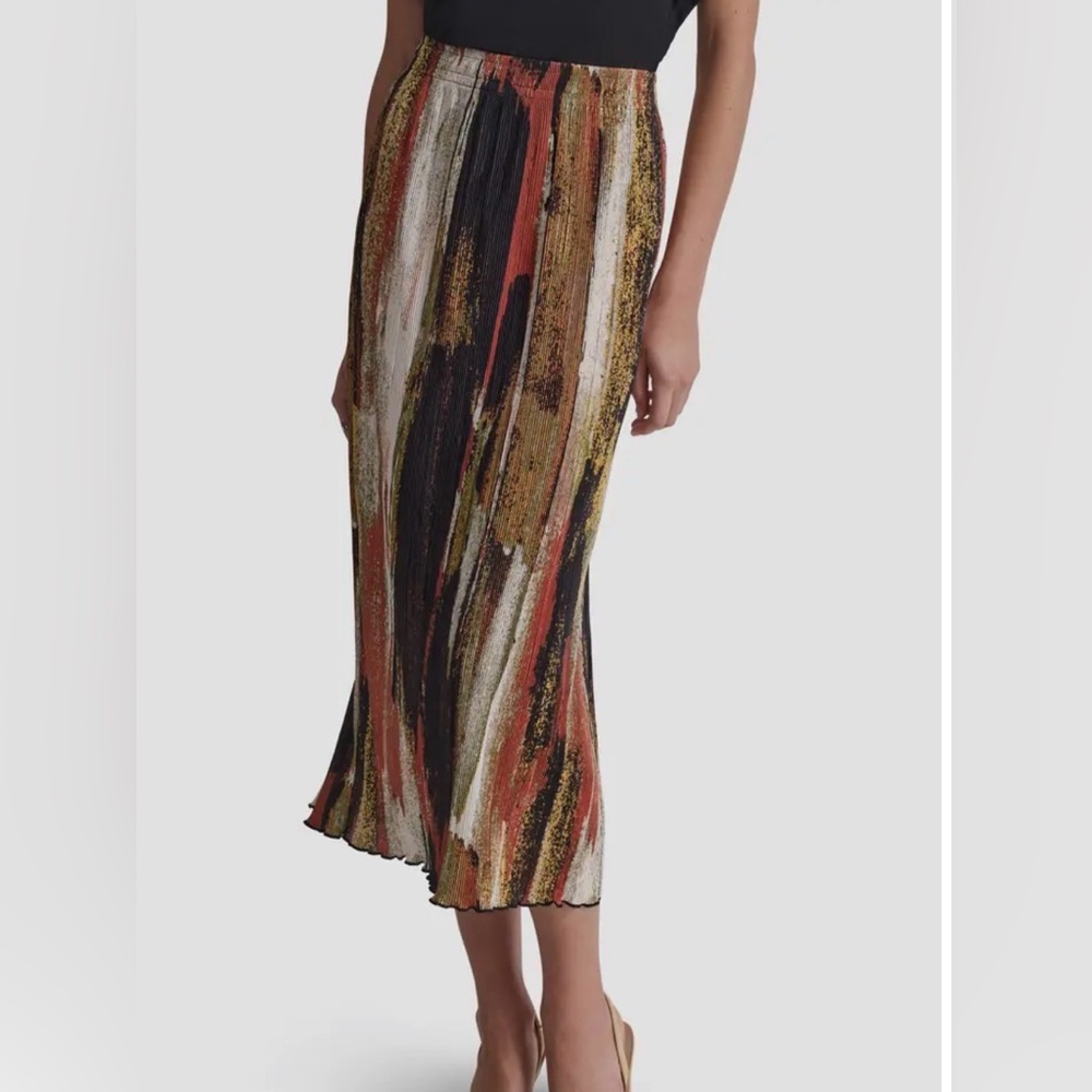 Dkny Multicolor Brushstroke Midi Skirt - Black, Rust, Gold, Cream
